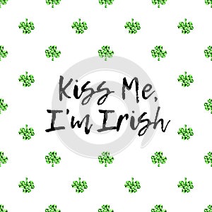 Saint Patricks Day greeting card with sparkled green clover leaves and text photo