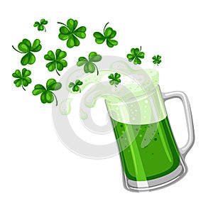 Saint Patricks Day illustration. Ale or beer in mug with clover.