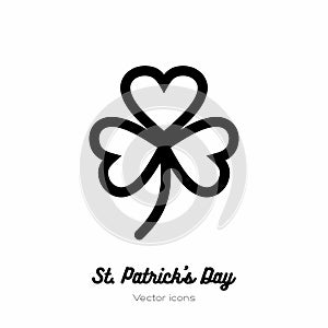 Saint Patricks day lucky clover, shamrock, trefoil vector icon. Black white line art flat icon for logo, sign, button