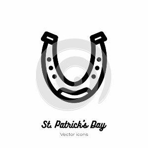 Saint Patricks day lucky horseshoe vector icon. Black white line art flat icon for logo, sign, button