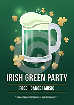 Saint Patricks Day. Poster of festive with symbols Irish holiday on green background. Beer mug with foam and gold clover.