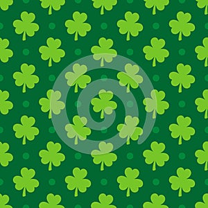 Saint Patricks Day shamrock seamless pattern. Green clover leaves on white background. St. Patricks Day backdrop. Vector