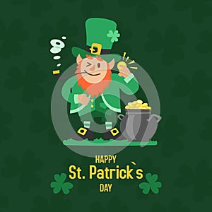 Saint Patricks day with treasure of leprechaun vector illustration. Pot full of golden coins, leprechaun in green hat