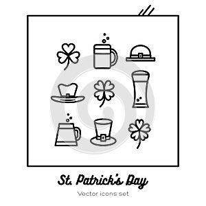 Saint Patricks day vector icons set. Black white line art flat icons for logo, sign, buttons. Minimalist st Patricks day