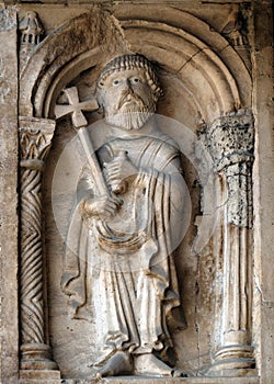 St Paul the apostle, bass relief by followers of Wiligelmo, PrincesÃ¢â¬â¢ Gate, Modena Cathedral, Italy photo