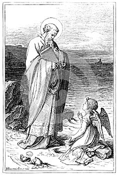 Saint Paul the Apostle Visited by Angel on the Shore.Bible, New testament. Vintage Antique Drawing