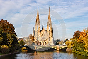 Saint-Paul church at Ill river water Alsace in Strasbourg France