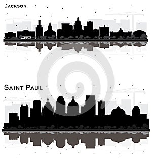 Saint Paul Minnesota and Jackson Mississippi City Skyline Silhouette Set