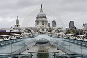 Saint Paul`s cathedral from millennium bridge, London