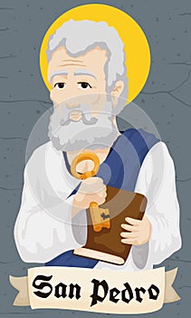 Saint Peter Holding Key and Book behind Greeting Scroll, Vector Illustration