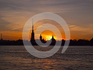 Saint Peter and Paul Cathedral and Fortress, sunrise view from Neva river.