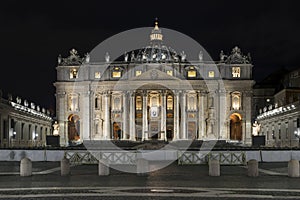 Saint Peter`s Basilica and Saint Peters Square at night