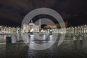 Saint Peter`s Basilica and Saint Peters Square at night