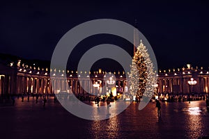 Saint Peter`s square with huge Christmas tree on a December night. Warm tones