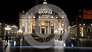 Saint Peter`s Square, St. Peter`s Basilica, night, landmark, reflection, city