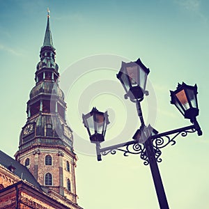 Saint Peters Church in old city Riga, Latvia.