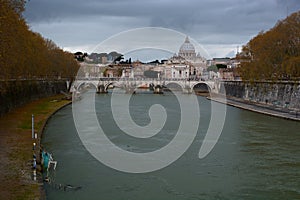 Saint Peters dome view from Tiber river. Roma, Ita