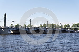 Saint Petersburg bridge, Trinity Bridge or Troitsky bridge over the Neva river, view from water