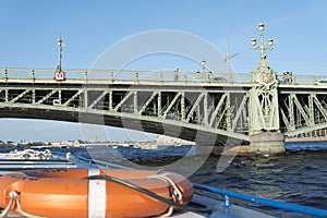 Saint Petersburg bridge, Trinity Bridge or Troitsky bridge over the Neva river, view from water