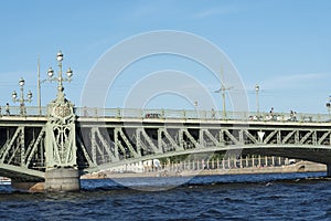 Saint Petersburg bridge, Trinity Bridge or Troitsky bridge over the Neva river, view from water