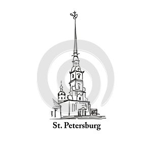 Saint-Petersburg city destination icon, Russia. Saint Peter and Paul Cathedral building sketch. Russian travel background