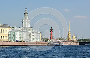 Saint Petersburg cityscape with Kunstkamera museum, Rostral column and Peter and Paul fortress, Russia