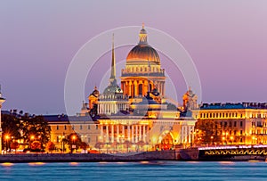 Saint Petersburg cityscape with St. Isaac`s cathedral, Admiralty building and Palace bridge at sunset, Russia