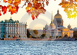 Saint Petersburg cityscape with St. Isaac`s Cathedral, Hermitage museum and Admiralty in autumn, Russia