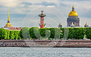 Saint Petersburg cityscape with St. Isaac\'s cathedral, Rostral column and Admiralty building, Russia