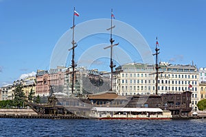 Saint Petersburg, floating restaurant near Mytninskaya embankment of the Malaya Neva river