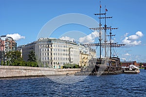 Saint Petersburg, floating restaurant near Mytninskaya embankment of the Malaya Neva river