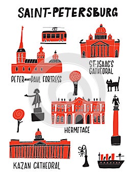 Saint Petersburg. Funny doodle illustration of different petersburg famous attractions. Vector.