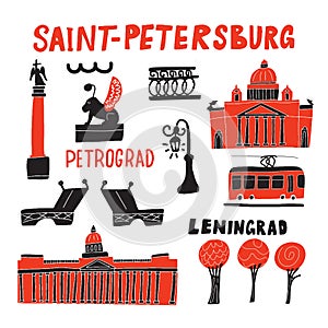 Saint Petersburg. Funny hand drawn illustration of different landmarks . Sketch. Vector