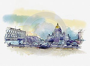 Saint-Petersburg. Isaakievsky cathedral. Panorama Of St. Petersburg. historic architecture. Russia. St. Isaac`s Cathedral, waterco
