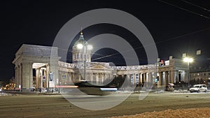 Building of Kazan Cathedral in Nevsky prospect, the center of St Petersburg. Winter night view.