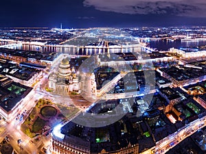 Saint Petersburg at night aerial panoramic view with Neva river and st Isaac Cathedral square