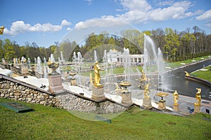 SAINT PETERSBURG, PETERGOF, RUSSIA - May 9, 2015: Fountains of Lower Gardens, Sea Canal in Peterhof, near Saint Petersburg.