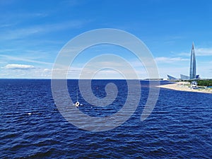 Saint-Petersburg. Russia. 06.14.2021.View from the bridge with a view of the Gulf of Finland, the yacht, the Lakhta Center, the