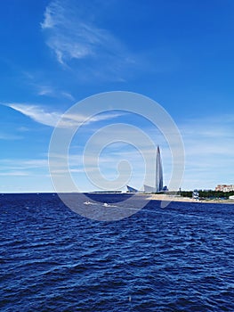 Saint-Petersburg. Russia. 06.14.2021.View from the pedestrian bridge of the Gulf of Finland, Lakhta Center and the studio of the