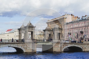 SAINT-PETERSBURG, RUSSIA - APRIL 8 2017: Lomonosov Bridge across the Fontanka River APRIL 8, 2017 in St. Petersburg, Russia