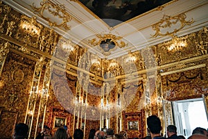 Saint-Petersburg, Russia - august 2021: Interior Amber Room, Catherine palace.