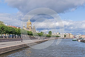 Lieutenant Schmidt embankment with the Church of the Assumption of the Blessed Virgin Mary  in Saint Petersburg, Russia