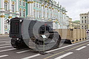 SAINT-PETERSBURG, RUSSIA - 11 AUGUST 2017: Original soviet military equipment and tanks on Palace Square, St. Petersburg, Russia.