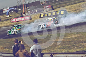 Saint-Petersburg, Russia - August 15, 2018: Powerful race car drifting on speed track