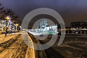 Saint- Petersburg, Russia, 23, December, 2017: Cruiser Aurora on a snowy evening