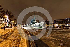 Saint- Petersburg, Russia, 23, December, 2017: Cruiser Aurora on a snowy evening