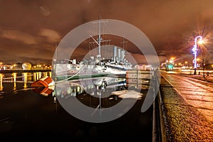 Saint- Petersburg, Russia, 23, December, 2017: Cruiser Aurora on a snowy evening