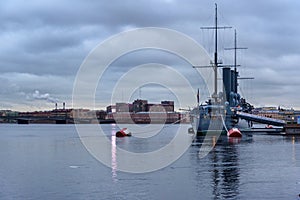 View of the Aurora Cruiser historical ship in the evening. Saint Petersburg, Russia