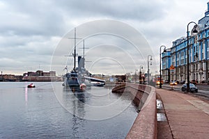 View of the Aurora Cruiser historical ship in the evening. Saint Petersburg, Russia