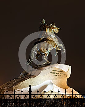 Saint-Petersburg, Russia. Famous statue of Peter Great -Bronze Horseman- . Night Photography